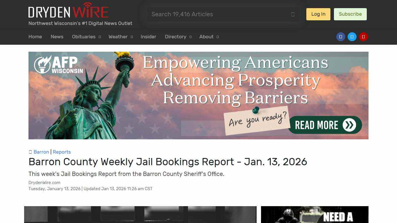 Barron County Weekly Jail Bookings Report - Jan. 13, 2026 | Recent News | DrydenWire.com